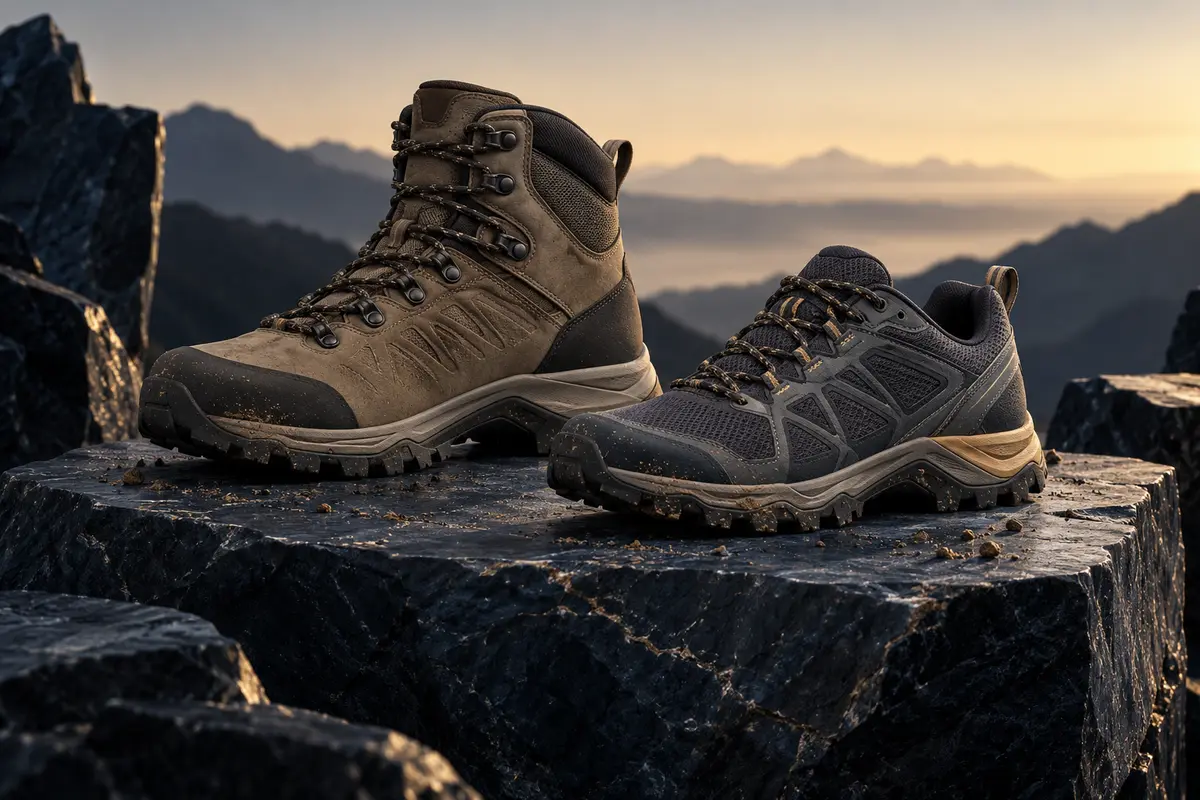 Unbranded hiking boot and trail shoe displayed in a mountain-inspired setting