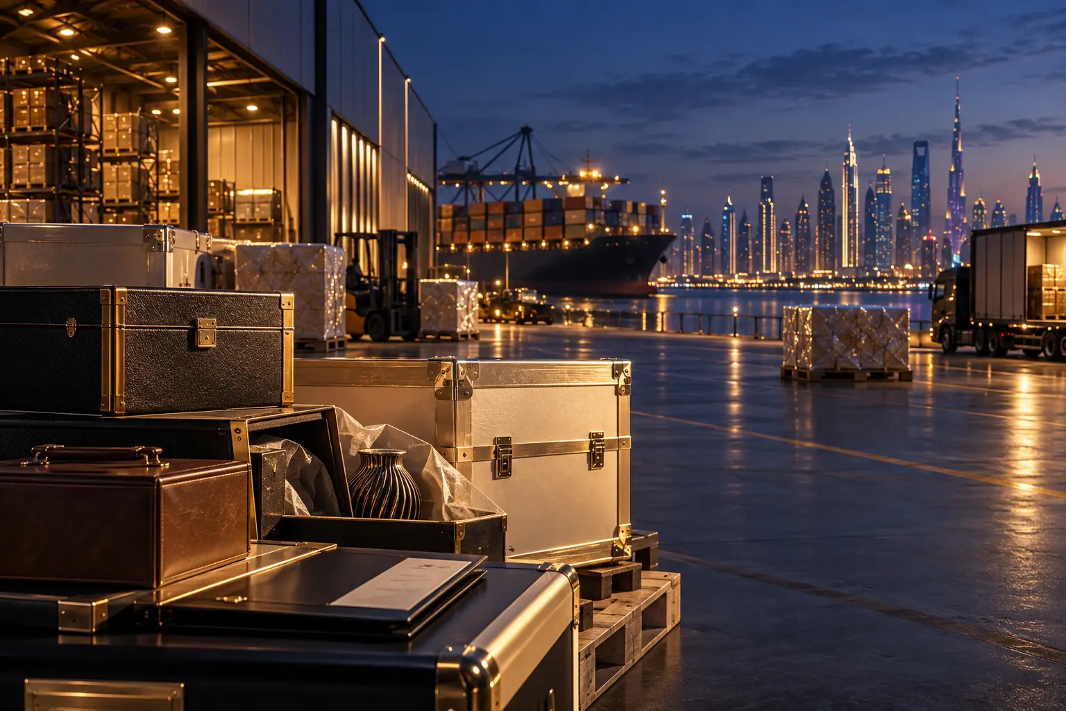 Premium merchandise cases prepared for international logistics at a modern port